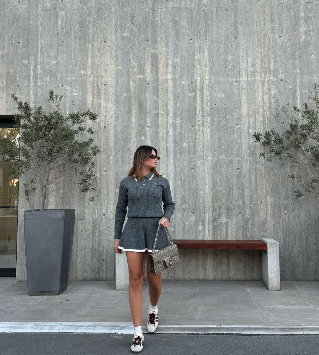"COLLAGE" SET Knitted Flap Collar Sweater And Matching Short Skirt Set