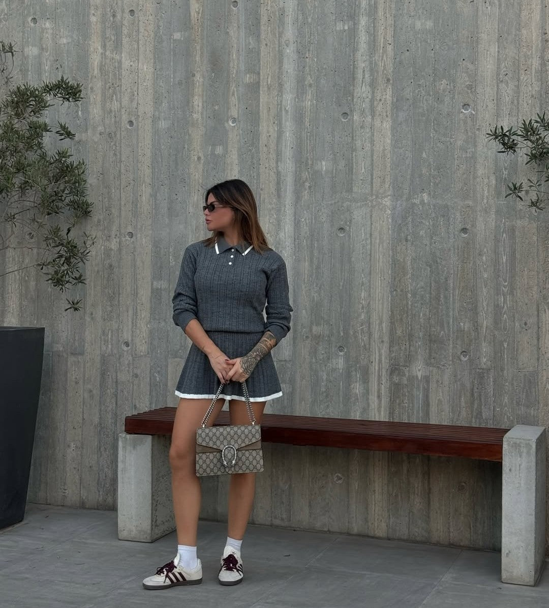 "COLLAGE" SET Knitted Flap Collar Sweater And Matching Short Skirt Set