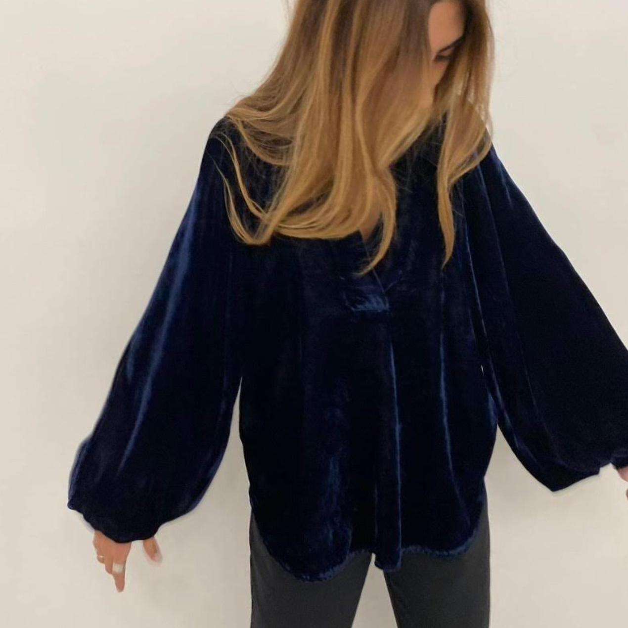 Navy Velvet Top with Puff Sleeves