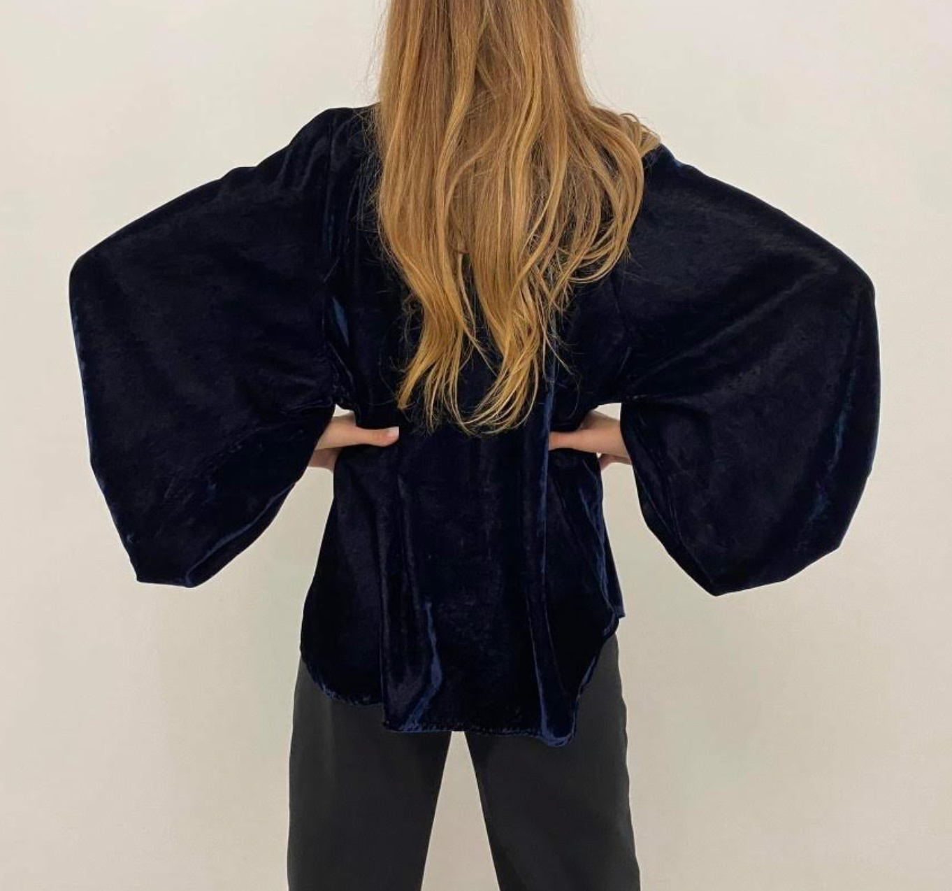 Navy Velvet Top with Puff Sleeves