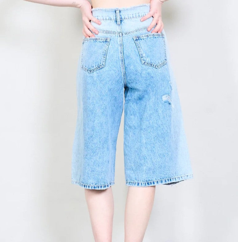 Distressed denim wide-leg belmont shorts