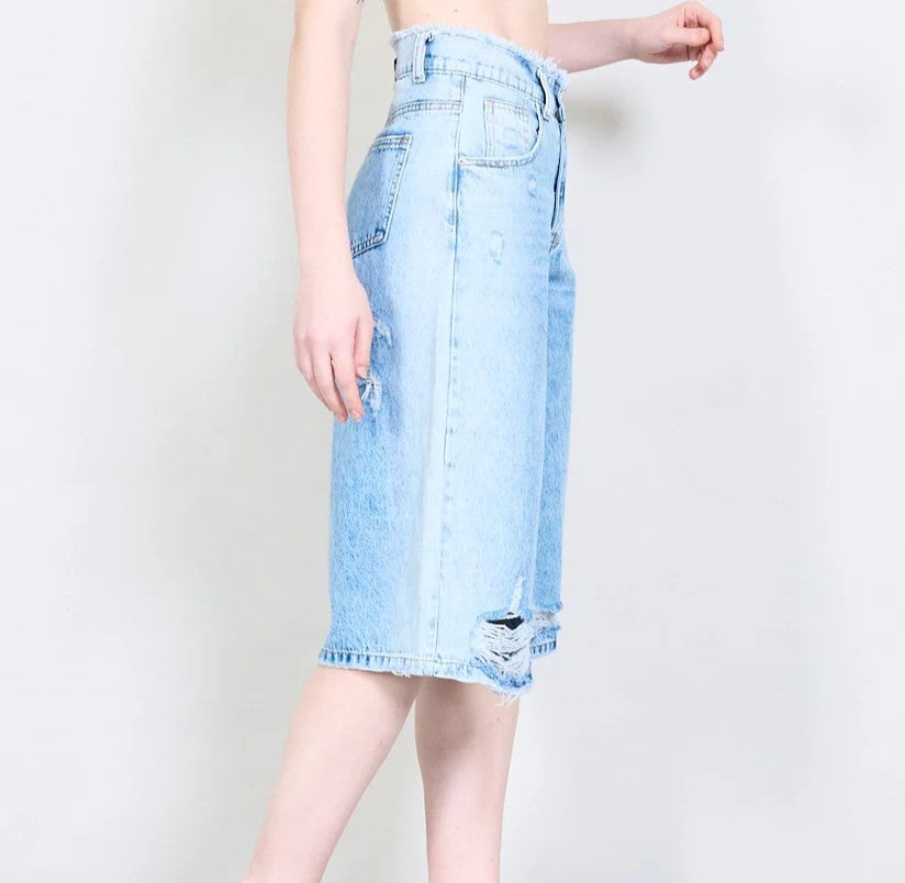 Distressed denim wide-leg belmont shorts