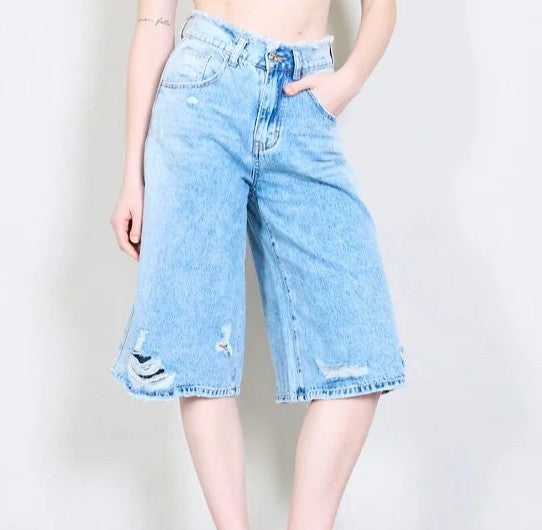 Distressed denim wide-leg belmont shorts