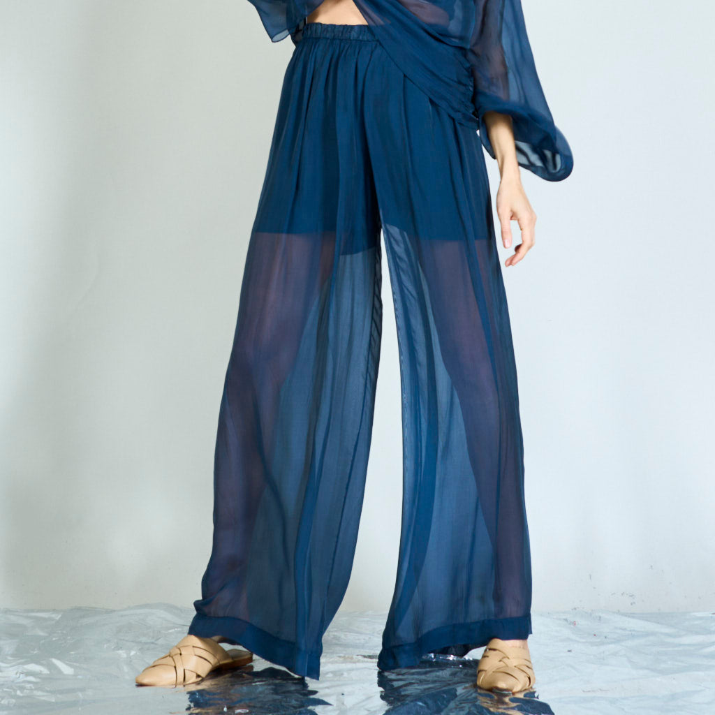 High-waisted straight sem sheer silk trousers