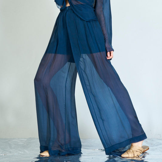 High-waisted straight sem sheer silk trousers