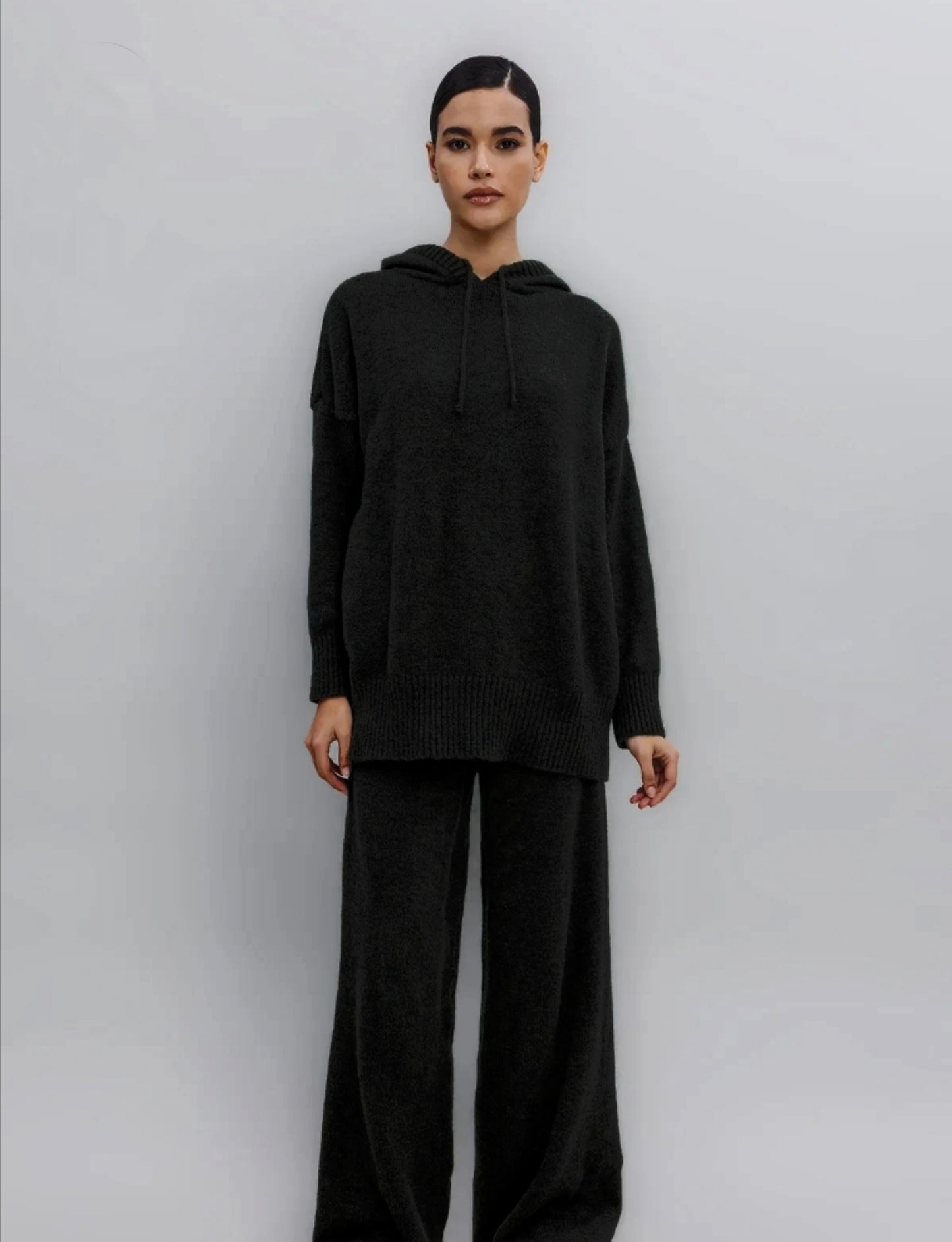 Hooded knitted long sweater and knitted loose trousers set