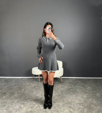 "COLLAGE" SET Knitted Flap Collar Sweater And Matching Short Skirt Set