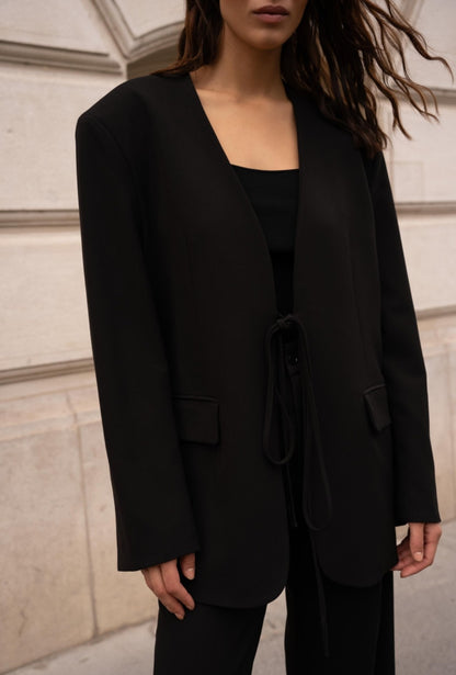 Oversized tie belt jacket with lined cuffed sleeves