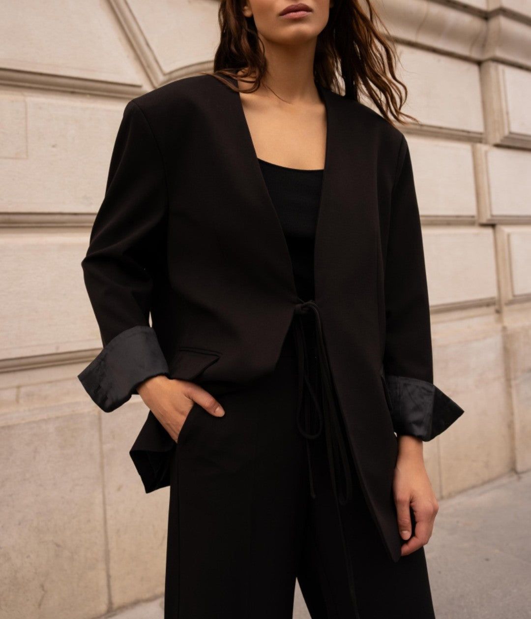 Oversized tie belt jacket with lined cuffed sleeves