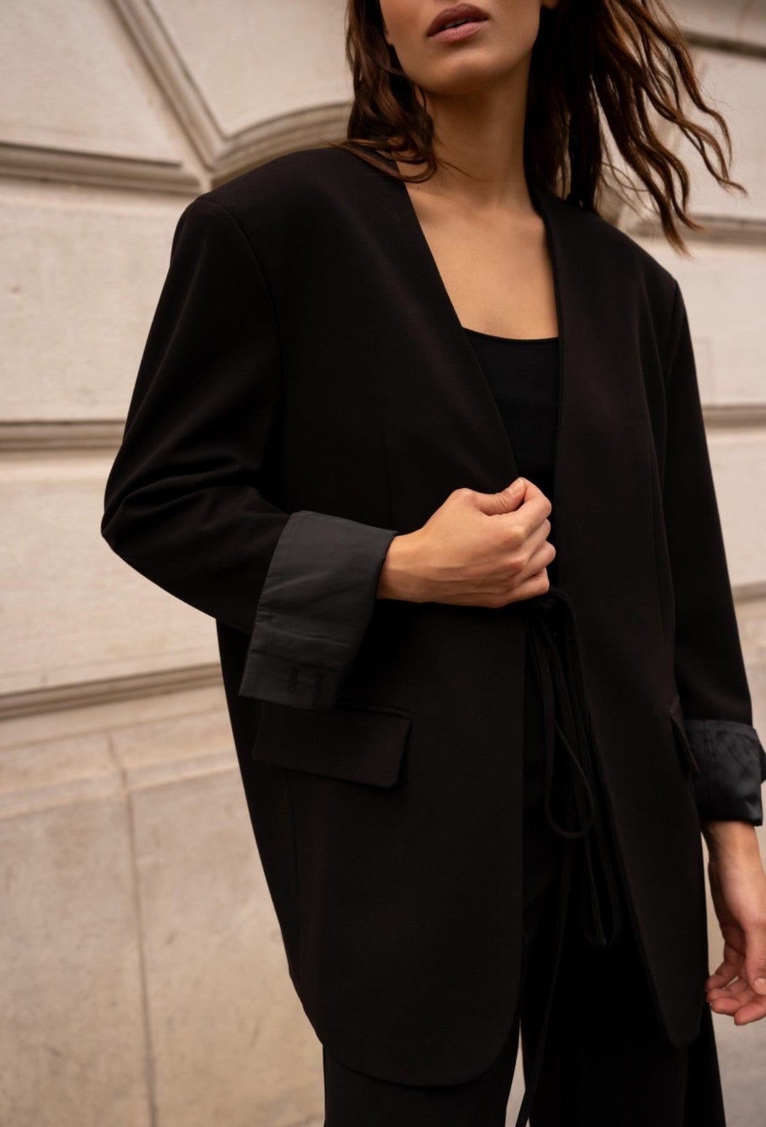 Oversized tie belt jacket with lined cuffed sleeves