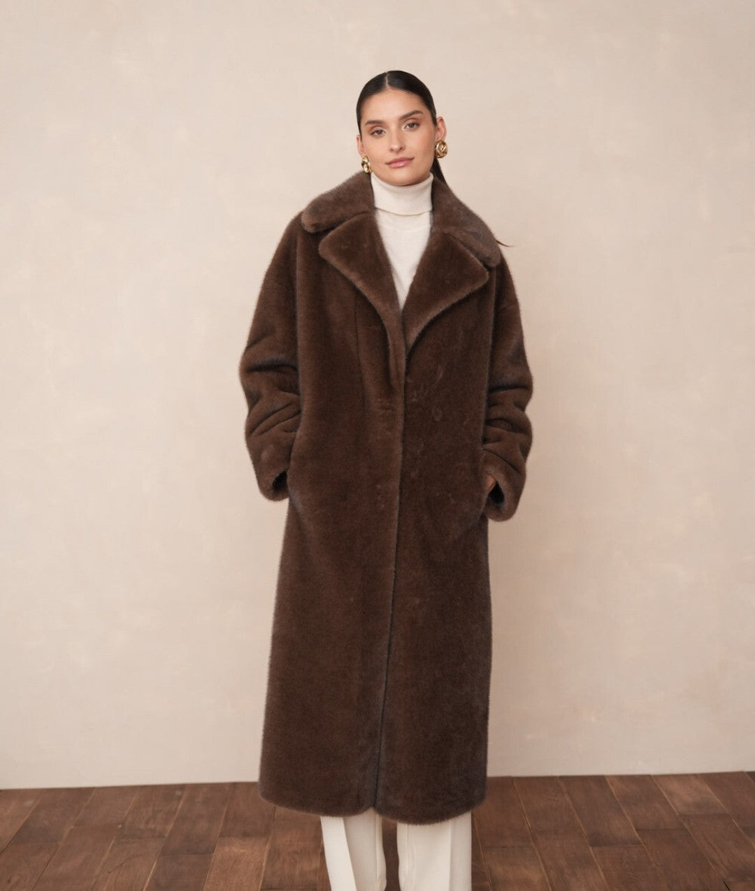 Long faux fur coat with lapel collar