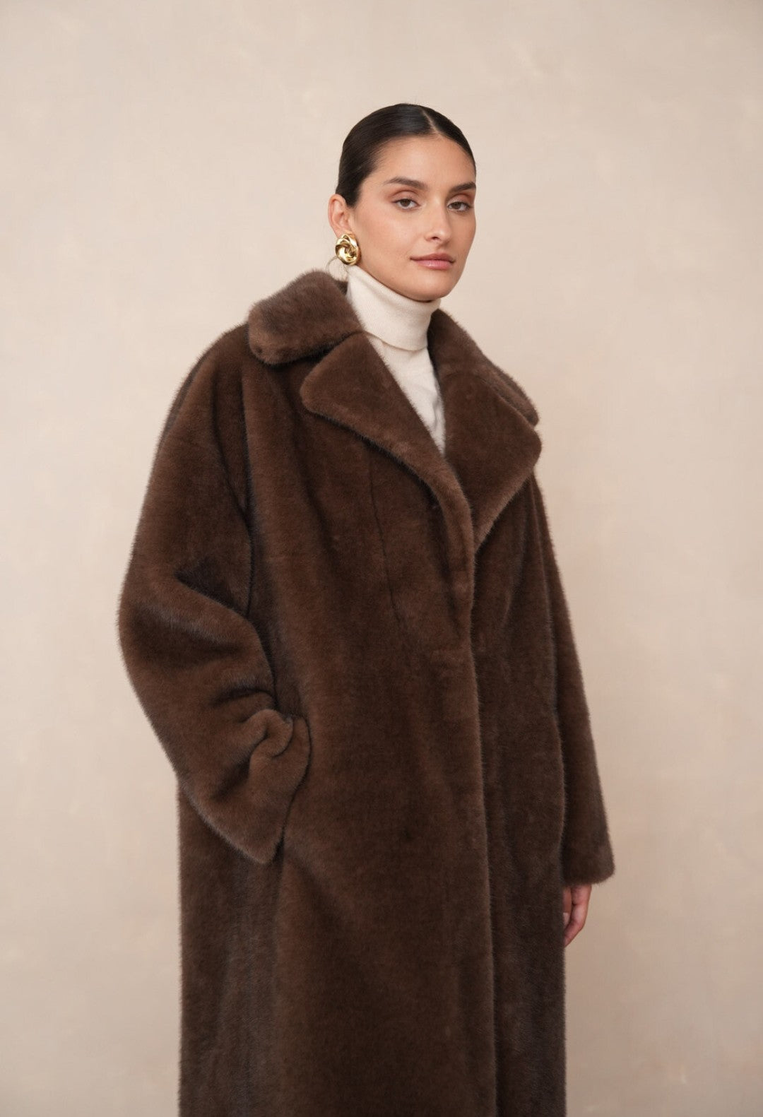 Long faux fur coat with lapel collar