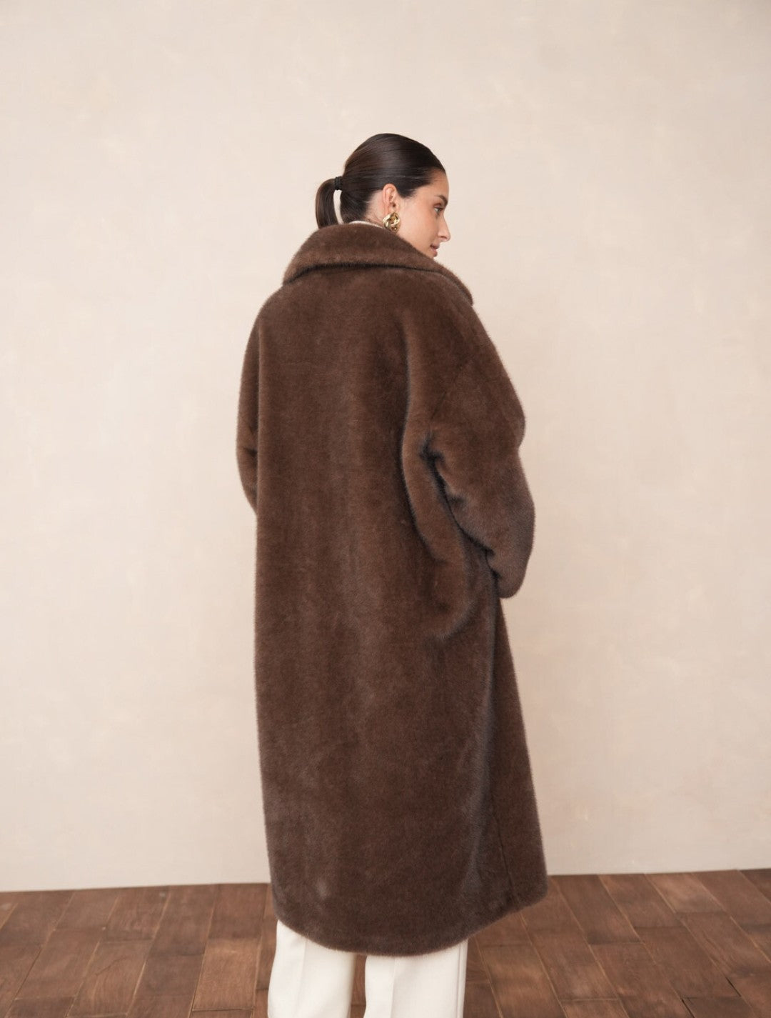 Long faux fur coat with lapel collar